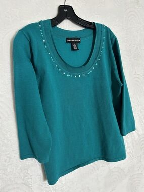 Norton McNaughton Teal Scoop Neck Embellished Women’s Top